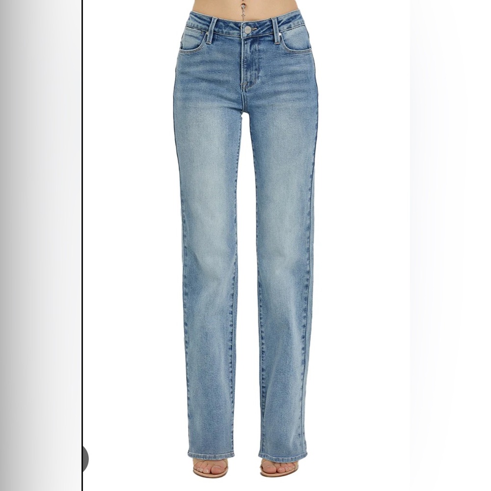 Blue Straight Leg Jeans with Subtle Fading